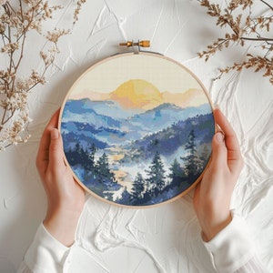 Watercolor landscape cross stitch pattern PDF - forest mountain sunset large modern sky tree winter landscape - instant download #CS98