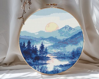 Sunrise forest cross stitch pattern PDF - landscape sunset woodland large modern mountain nature - instant download #CS78