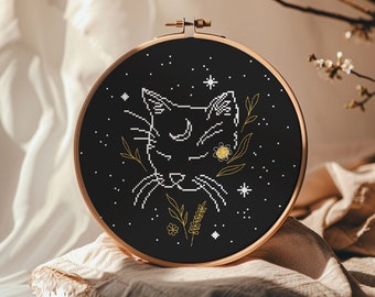 Moon cat cross stitch pattern PDF - witchy dark floral simple modern night contour animal - instant download #CS51