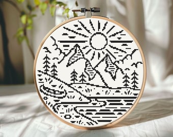 Monochrome mountain cross stitch pattern PDF - wilderness round wall decor travel forest scenery lake sun modern - instant download #CS231