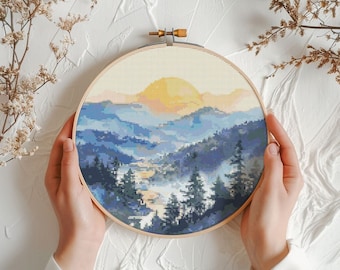 Watercolor landscape cross stitch pattern PDF - forest mountain sunset large modern sky tree winter landscape - instant download #CS98