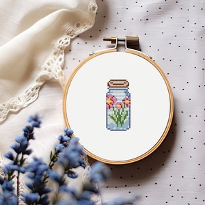 Tiny flower bottle cross stitch pattern PDF - mini jar for beginner cute spring simple easy modern - instant download #CS8