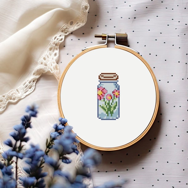 Tiny flower bottle cross stitch pattern PDF - mini jar for beginner cute spring simple easy modern - instant download #CS8