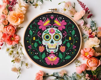 Dia de los muertos cross stitch pattern PDF - instant download - day of the dead sugar skull mexican modern skeleton #CS112