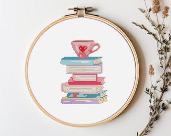 Book cross stitch pattern PDF - easy simple funny nerdy tea bookish book lover gift reading library modern - instant download #CS12