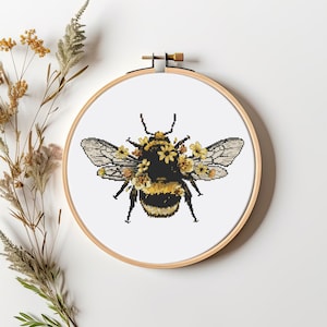 Bumblebee cross stitch pattern PDF - instant download - bee garden insect bug honey counted modern flower cute nature #CS22
