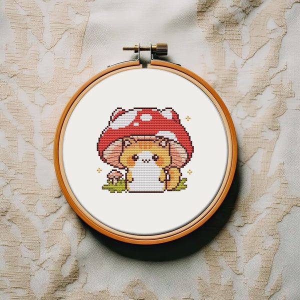 Mushroom cat cross stitch pattern PDF - small kawaii anime autumn halloween cute funny jack o lantern easy fall - digital download CS301