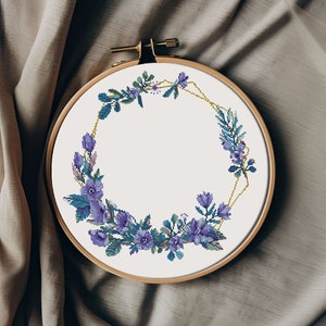 Blue wreath cross stitch pattern PDF - instant download - cross stitch borders gardening wedding flower botanical round floral modern #CS186