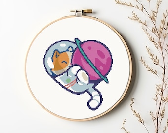 Astronaut cat cross stitch pattern PDF - instant download - space love heart simple cute funny easy modern cat lover gift counted #CS20