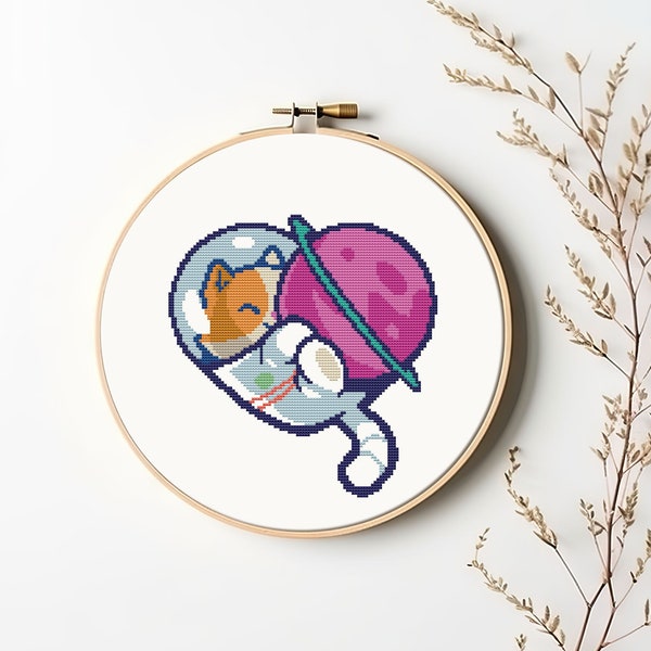 Astronaut cat cross stitch pattern PDF - instant download - space love heart simple cute funny easy modern cat lover gift counted #CS20