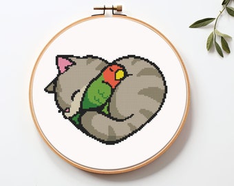 Simple cat cross stitch pattern PDF - cat lover gift parrot valentine animal funny heart love modern pet - instant download #CS174