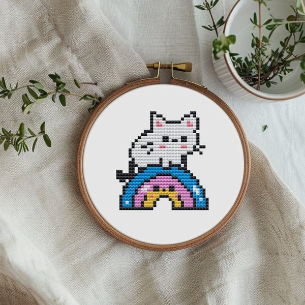Mini rainbow cat cross stitch pattern PDF - small cute easy modern kawaii cute cat funny quick - instant download #CS272