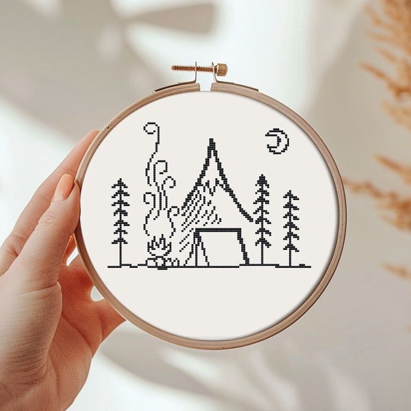 Black and white travel cross stitch pattern PDF - instant download - simple nature forest travel scandinavian contour modern easy #CS47