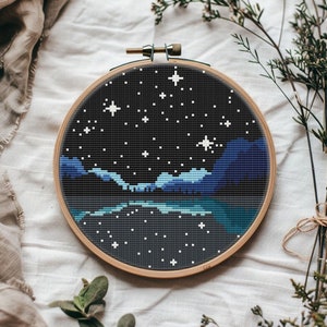 Night lake cross stitch pattern PDF - instant download - nature landscape embroidery mountain travel camping counted chart modern #CS66