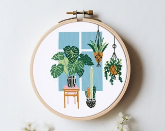 Green botanical cross stitch pattern PDF - floral garden monstera house plant lover gift modern home leaves - instant download #CS14