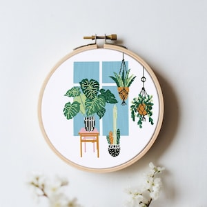 Green botanical cross stitch pattern PDF - floral garden monstera house plant lover gift modern home leaves - instant download #CS14