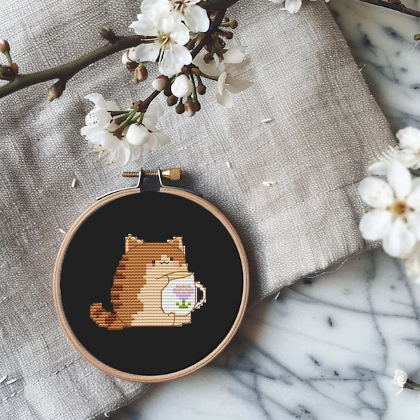 Cat and coffee cross stitch pattern PDF - mini kawaii beginner pattern funny small simple easy modern pet lover gift - digital download CS77