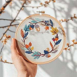 Acorn wreath cross stitch pattern PDF - modern autumn nature counted needlepoint retro easy - instant download #CS146
