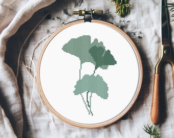 Ginkgo leaf cross stitch pattern PDF - green easy beginner modern plant floral mothers day gift minimalist - instant download #CS226