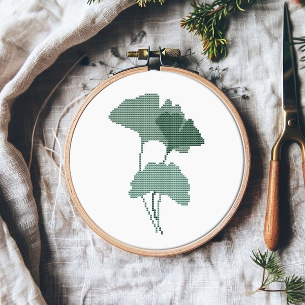 Ginkgo leaf cross stitch pattern PDF - green easy beginner modern plant floral mothers day gift minimalist - instant download #CS226