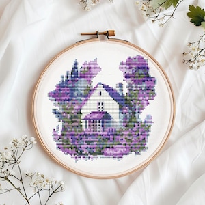Lavender house cross stitch pattern PDF - wisteria home summer flowers floral modern purple flowers - instant download #CS97
