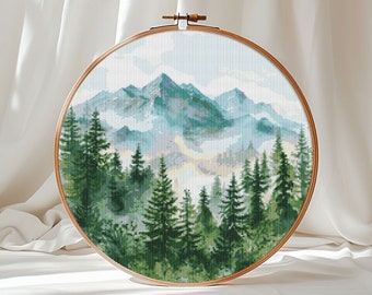 Alps mountains cross stitch pattern PDF - large landscape modern nature round forest woodland - instant download #CS91