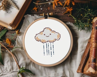 Funny rain cloud cross stitch pattern PDF - cute easy kawaii for beginners small - instant download #CS217