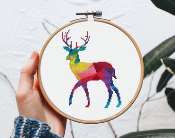 Geometric deer cross stitch pattern PDF - funny counted modern minimalist simple rainbow forest animal woodland bright #CS297