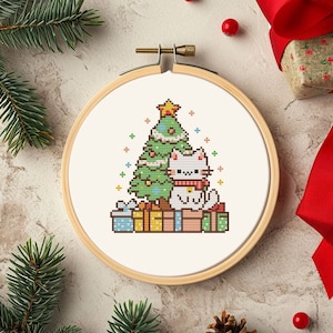 Cat christmas tree cross stitch pattern PDF - small kawaii cute crafts cat lovers funny christmas gifts modern - instant download #CS99