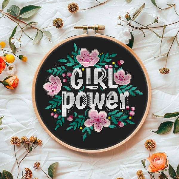 Feminist cross stitch pattern PDF - modern female gifts for women future is female floral flower girl power simple #CS237