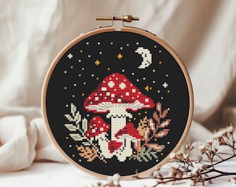 Fly agaric mushroom cross stitch pattern PDF - witchy simple woodland autumn cottagecore fall floral halloween - digital download CS64