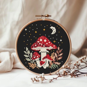 Fly agaric mushroom cross stitch pattern PDF - witchy simple woodland autumn cottagecore fall floral halloween - digital download CS64
