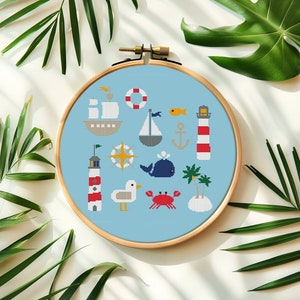 Mini summer cross stitch pattern PDF - tiny sea whale anchor boat lighthouse -  instant download #CS106
