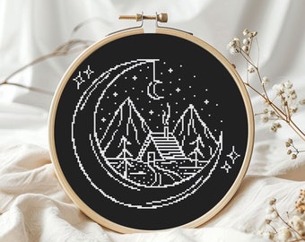 Camping cross stitch pattern PDF - instant download - simple nature traveling crescent moon travel contour black and white modern easy #CS63