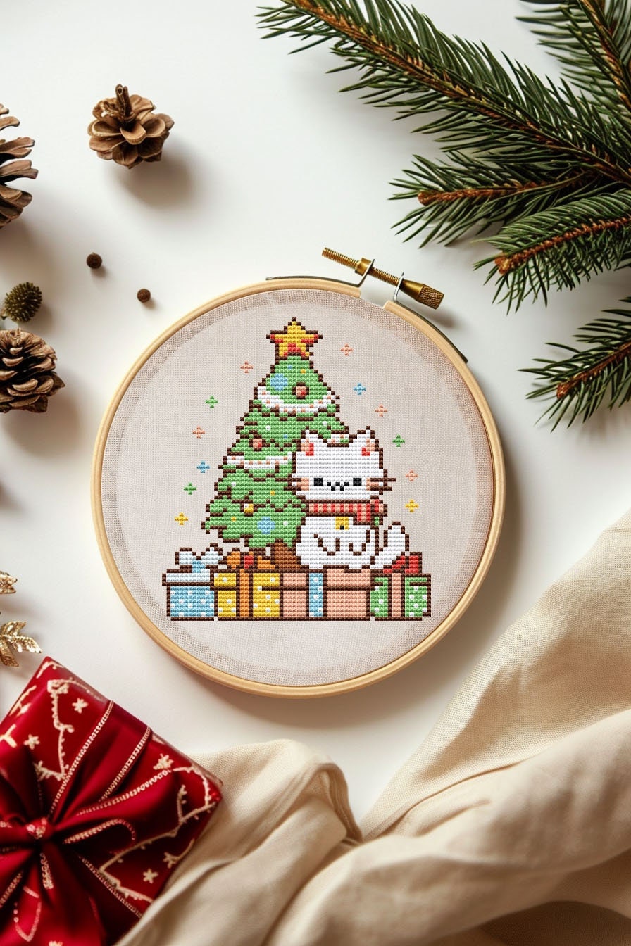 Cat Christmas Tree Cross Stitch Pattern PDF - Small Kawaii Cute