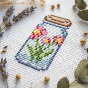Tiny flower bottle cross stitch pattern PDF - mini jar for beginner cute spring simple easy modern - instant download #CS8