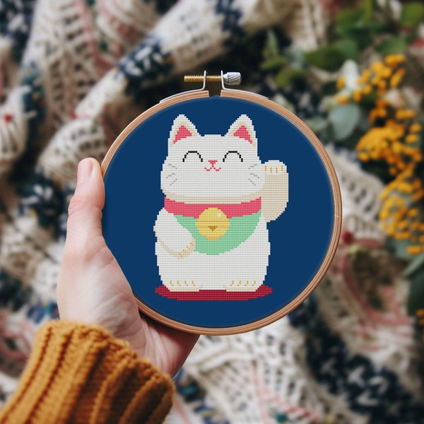 Maneki neko cat cross stitch pattern PDF - instant download - cute chinese lucky cat fortune modern beginner simple animal gift #CS175