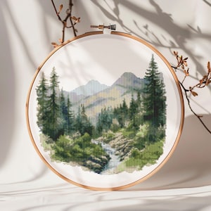 River forest cross stitch pattern PDF - mountain embroidery woodland landscape nature summer scenery modern watercolor #CS105