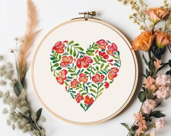 Flower heart cross stitch pattern PDF - wedding gift cottagecore summer nature love folk floral scandinavian - instant download #CS138