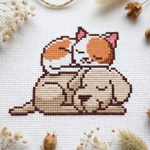 Kreuzstichmuster „Schlafende Katze und Hund“ (PDF), Stickmotiv „Niedlicher Welpe und Kätzchen“, beste Freunde (Tier), Sofort-Download #CS23