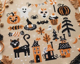 Halloween Sampler Cross Stitch Pattern PDF, Black Cat, Ghost, Pumpkin and Haunted House Embroidery, Instant Download #CS149