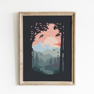Sonnenaufgang Landschaft Kreuzstichmuster PDF - sofort download - natur wald berge reise wild gezählt Kunst chart modern #CS25