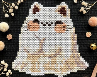 かわいい幽霊猫のクロスステッチパターンPDF、初心者向けの簡単なハロウィン刺繍図案、かわいい不気味な子猫、即時ダウンロードCS126