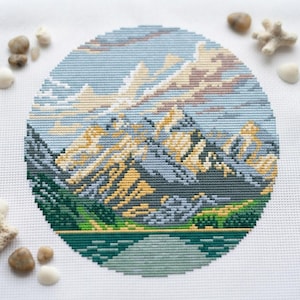 Sunset mountain cross stitch pattern PDF - instant download - nature landscape round wild counted art chart modern #CS44