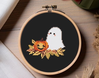 Ghost jack o latern cross stitch pattern PDF - easy spooky cute autumn halloween small pumpkin fall simple boo - digital download CS142