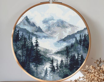 Watercolor landscape cross stitch pattern PDF - realistic mountains forest scenery national park trip modern - instant download #CS96