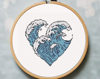 Ocean cross stitch pattern PDF - instant download - traveling sea water wave marine modern heart nautical embroidery fantasy #CS84