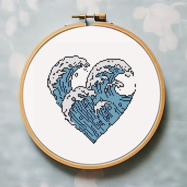 Ocean cross stitch pattern PDF - instant download - traveling sea water wave marine modern heart nautical embroidery fantasy #CS84