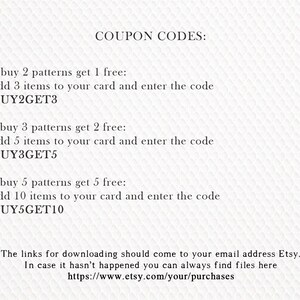 May include: A white background with text detailing coupon codes: BUY2GET3, BUY3GET5, and BUY5GET10. Instructions on how to use the codes are included, along with a link to Etsy purchases.