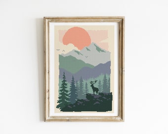 Nature cross stitch pattern PDF - instant download - tree landscape forest mountain wild animal sunset sun counted modern #CS34